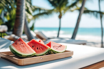 Ripe juicy watermelon served on a wooden tray on the beach