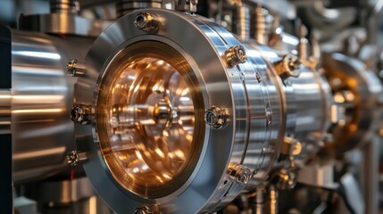 Fototapeta premium Close-up of a high-tech industrial machine component, showcasing intricate detailing and a shiny metallic finish, exuding a sense of precision and modern engineering.