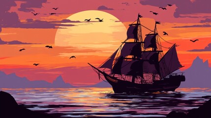 Fototapeta premium Sunset Sail. Silhouette Ship on Sea