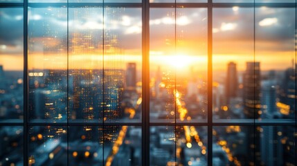 Cityscape view from a high-rise window at sunset. Blurry urban skyline.