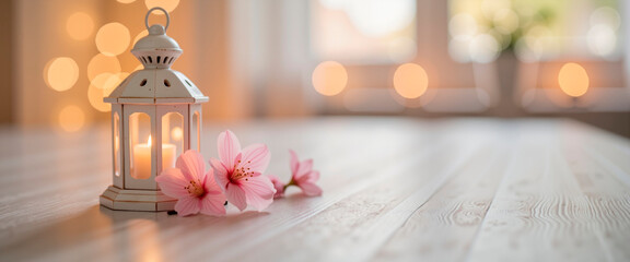 Delicate cherry blossoms beside glowing lantern, serene ambiance, background for international women's day, valentine's day, wedding day, mother's day, for the concept of love