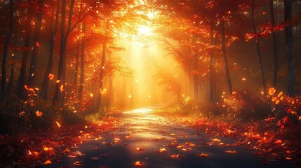 Autumn forest path bathed in sunlight.  Possible use Stock photo