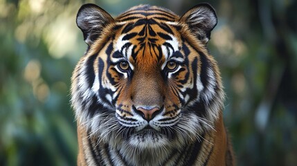 Fototapeta premium close view of aggressive siberian tiger in zoo with powerful striped face and piercing eyes showing wild nature and predator instincts in jungle setting