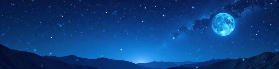 Fototapeta premium Dark blue evening sky with glittering stars and moon, glitter bokeh night sky dark blue magical, twinkling