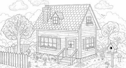 Fototapeta premium Detailed House & Home Building Design Coloring Book: Outline Sketch Doodle Illustrations with Page Drawing Elements