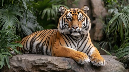 close view of aggressive siberian tiger in zoo with powerful striped face and piercing eyes showing wild nature and predator instincts in jungle setting