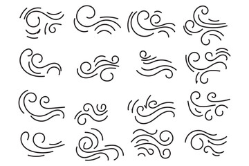 Doodle wind line sketch blow, gust design isolated on white background. vector hand drawn illustration. Variety Design.