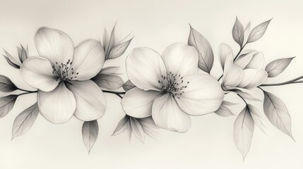 Monochrome floral branch design, elegant blossoms on light background, decorative graphic