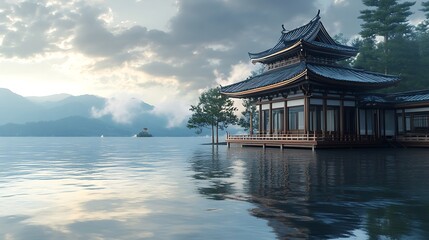 Obraz premium Stunning floating pavilion surrounded by misty Lake biwa scenery