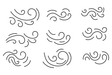 Doodle wind sketch set of line winds. Air, wind, swirl in doodle illustration style. Vector illustration. Black and White color doodle wind line. EPS 10
