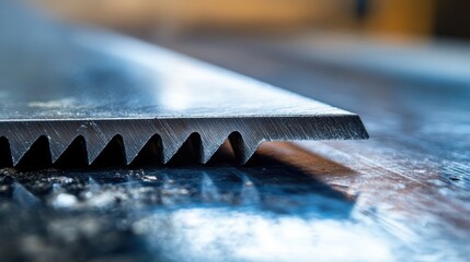 Close-up of a sharp metal saw blade, highlighting its teeth and precision design, reflecting light in a workshop setting.