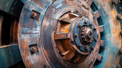 Close-up of an industrial machine component, showcasing its intricate, weathered details and vibrant rusting colors.