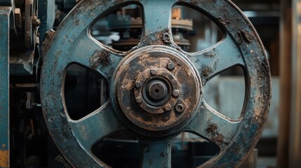 Close-up of an industrial machinery wheel, showcasing its weathered characteristics and intricate details, conveying a sense of age and functionality.