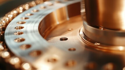 Close-up of a metallic machinery part featuring intricate details and a polished finish, showcasing the precision of engineering design.