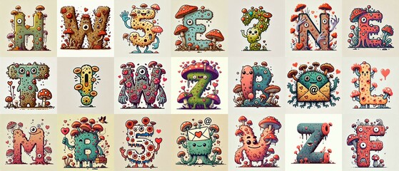 Cartoon Fungus Monster Lettering Typeface. Love concept. AI generated illustration