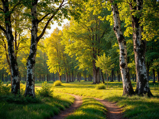 Fototapeta premium Scenic pathway in a birch grove forest summer wallpaper background generative AI