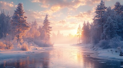 a beautiful frozen river winding through a snowy forest with ice covered trees and a serene lake reflecting the peacefulness of nature in a breathtaking winter landscape