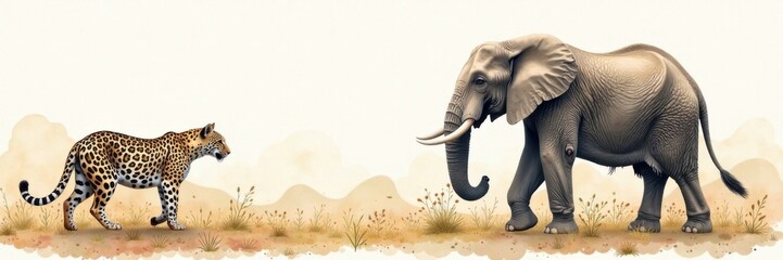 Obraz premium Delicate safari animal watercolor art featuring a leopard and elephant, safari animals, leopard, elephant