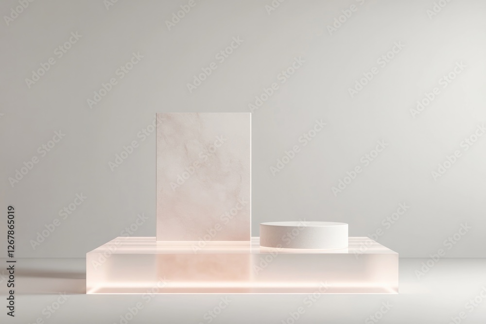 Poster translucent podium in neutral hues illuminated with soft diffused lighting against clean background 