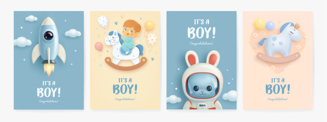 Set of baby shower greeting card or invitation with cartoon 3d baby boy, rocket, rabbit astronaut, rocking horse on blue and beige background. It's a boy. Vector illustration