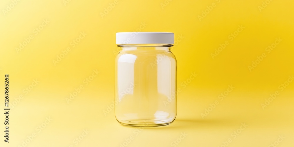 Poster transparent glass jar with matte white lid centered on muted yellow solid background with soft light