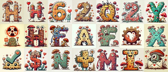 Fototapeta premium Cartoon Fungus Monster Lettering Typeface. Love concept. AI generated illustration
