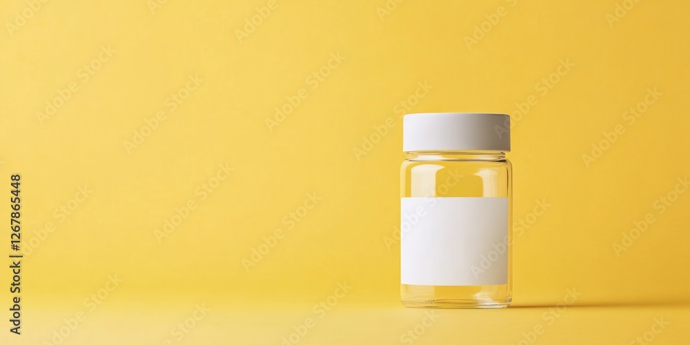 Poster transparent glass jar with matte white lid centered on muted yellow solid background with soft light
