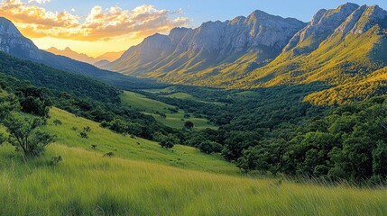 Obraz premium Majestic Mountain Valley Sunset Landscape Scene