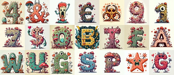 Naklejka premium Cartoon Fungus Monster Lettering Typeface. Love concept. AI generated illustration