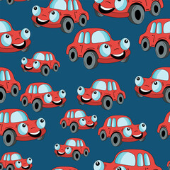 Seamless pattern with cute car on color background. Cartoot transport. Vector illustration. Doodle style. Design for baby print, invitation, poster, card, fabric, textile.