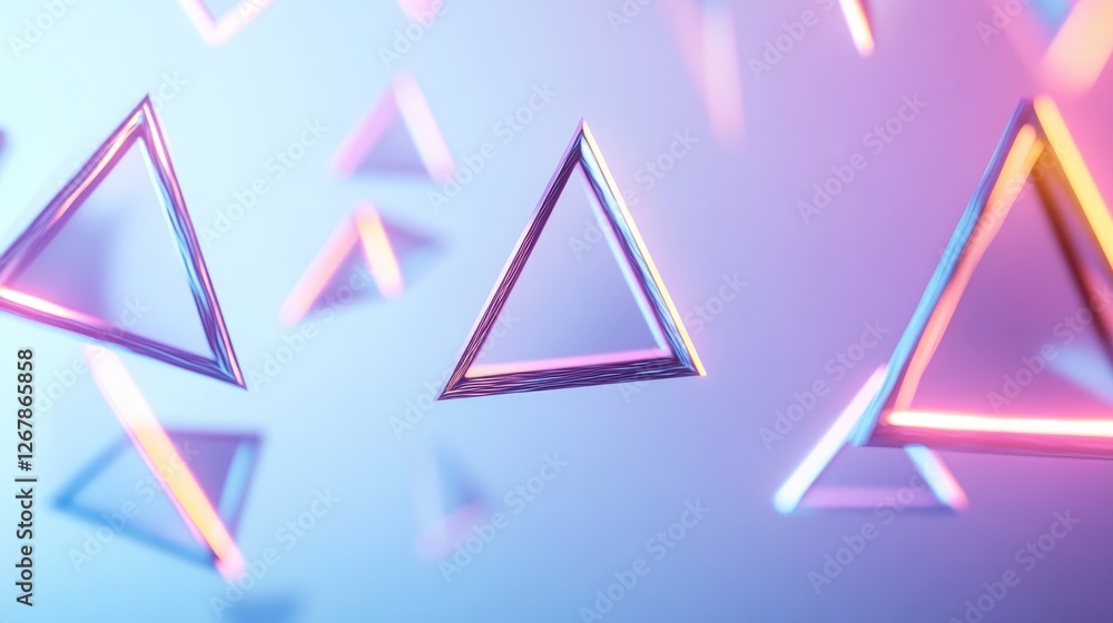 Poster vibrant abstract scene of floating triangles spinning in mid-air with glowing edges and dynamic ligh