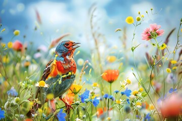 Bird with colorful feathers, standing in a field of wildflowers with a happy, chirping song