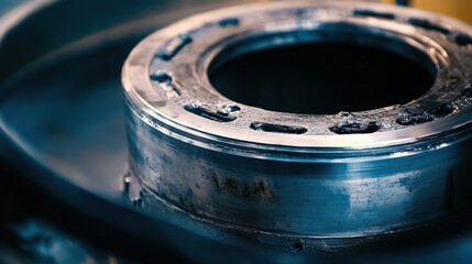 Close-up of a detailed industrial component showcasing its metallic surface and precise engineering.