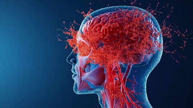 Red fluid exploding from a transparent head, showcasing the brain's complexity.  Intense, dynamic visualization.