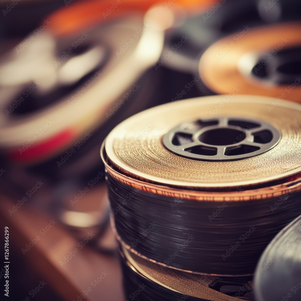 Poster Vintage film reels and tape captured in close up with ample space for creative text addition. Generative AI