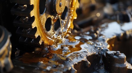 Close-up of a metallic gear with oil dripping, showcasing industrial machinery in action and emphasizing the importance of lubrication.