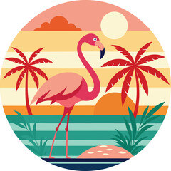 cute pink flamingo with palm trees and a sunset, with beach vector, vector and illustration, vector style 