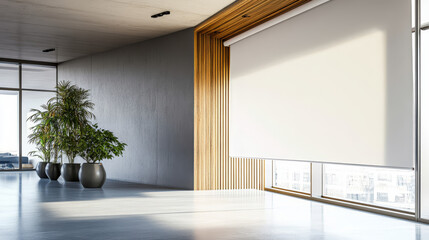 Large automatic roller blinds installed in an interior space, accompanied by a wooden wall panel and modern hi-tech plant pots. Electric curtains for home automation