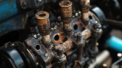 Close-up of a weathered engine component showcasing rust and wear, emphasizing the industrial aesthetic.
