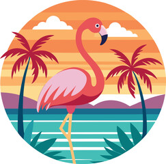 cute pink flamingo with palm trees and a sunset, with beach vector, vector and illustration, vector style 