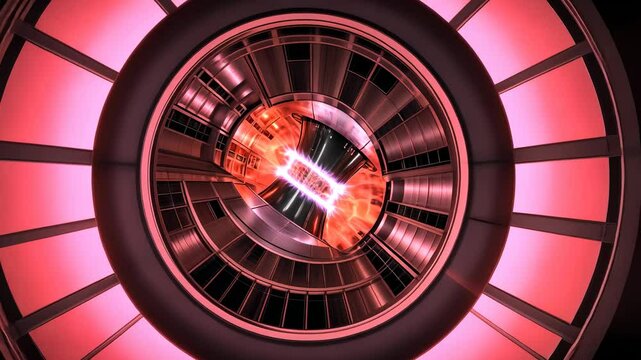 Futuristic nuclear fusion reactor generating energy. Clean energy, advanced technology, plasma physics, sustainable power, scientific innovation.
