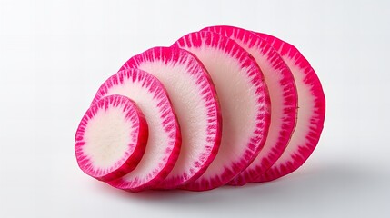 Vibrant pink radish slices, a healthy and colorful addition to any meal.  Fresh and crisp, perfect for salads or as a snack.