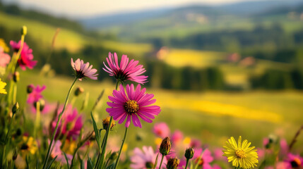 Obraz premium Vibrant wildflowers in a serene countryside landscape at sunset