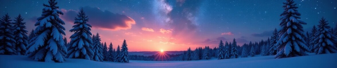 Obraz premium Milky Way against a backdrop of snowy trees at dawn , snow, winter, night sky