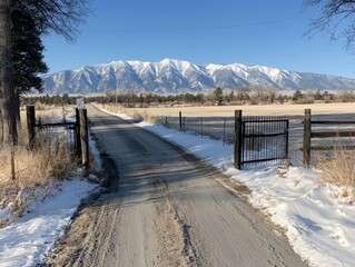 Snowy rural road leading to mountains