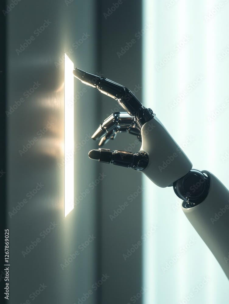 Poster Robotic hand interacts with virtual glowing button in futuristic environment showcasing advanced technology. Generative AI
