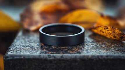 Matte black ring on stone, autumn leaves in background