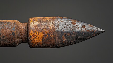 Close-up of a weathered, rusty metal spearhead showcasing intricate details and textures, set against a dark background.