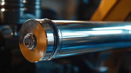 Close-up of a shiny, metallic cylinder showcasing intricate details and a polished surface, reflecting ambient light in an industrial setting.