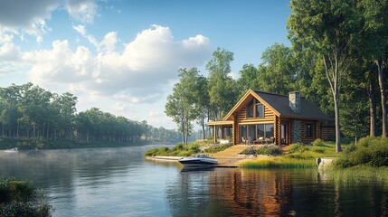 Obraz premium beautiful riverside cabin with wooden architecture, green trees and water reflection, relaxing summer vacation spot, nature retreat with a scenic view, perfect outdoor getaway with boat ride